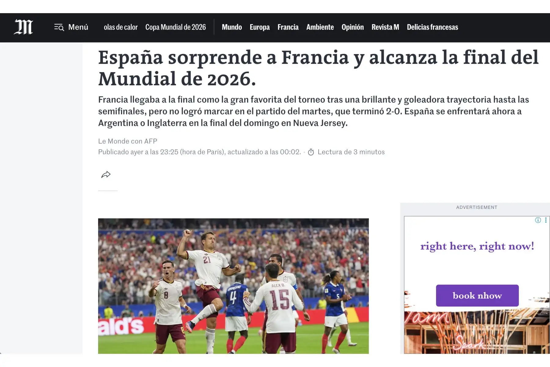Le Monde. Así reacciona la prensa francesa tras la dura derrota ante España. La Roja derrotó 2-0 a Francia y jugará la final de este domingo en Nueva York. Foto: Captura