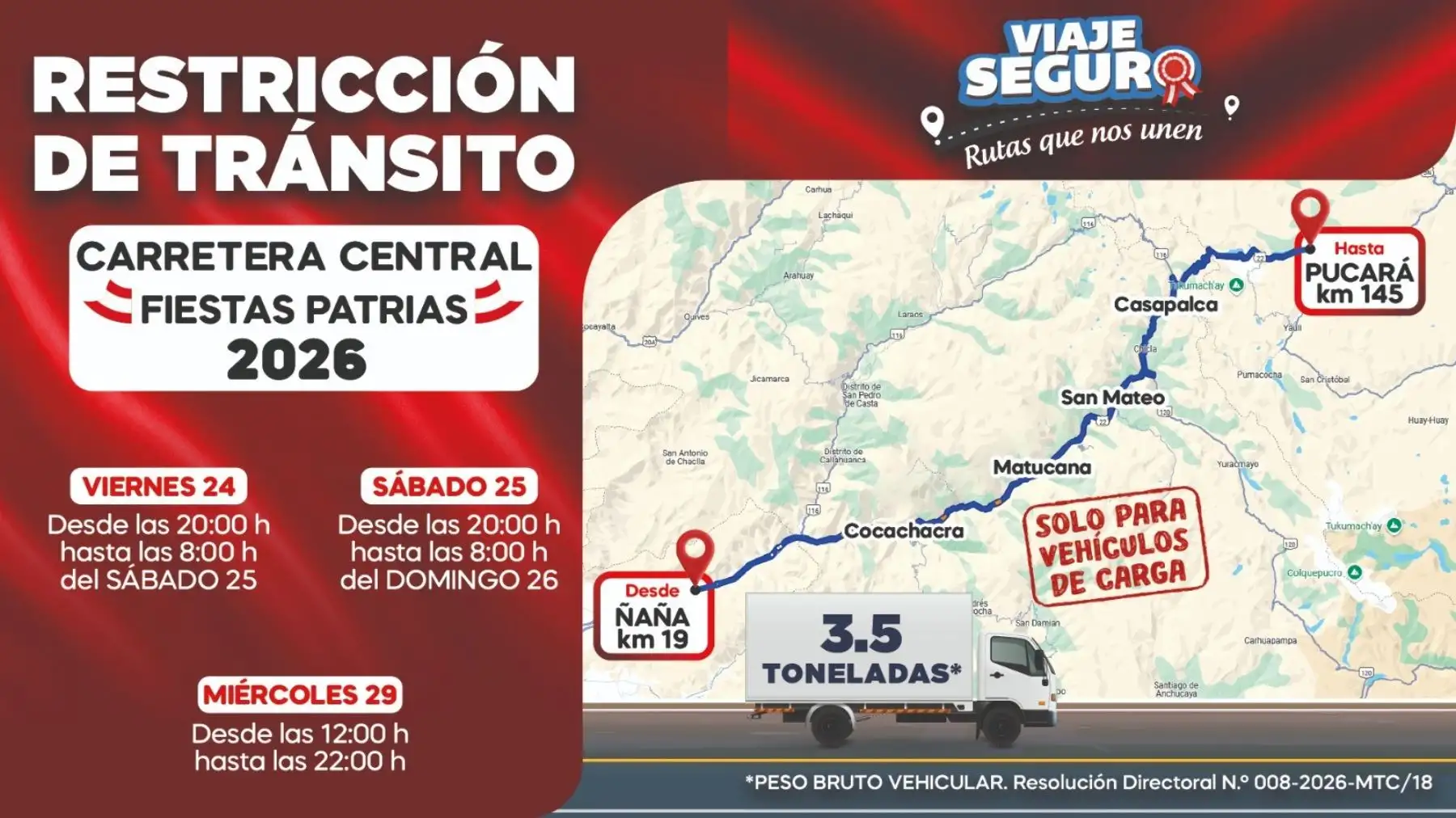 Feriado largo: Desde mañana rige restricción de tránsito de camiones en Carretera Central