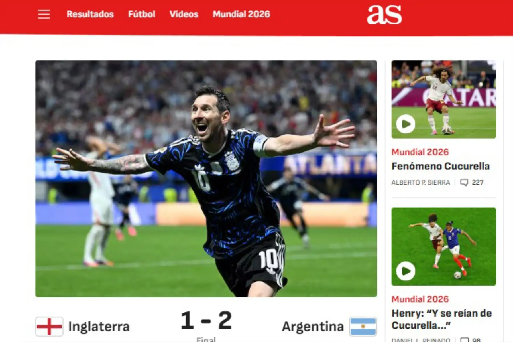 Diario As. Así reacciona la prensa argentina tras la clasificación de su selección a la final del Mundial 2026. Argentina derrotó 2-1 a Inglaterra y jugará la final de este domingo ante España.
Foto: Captura