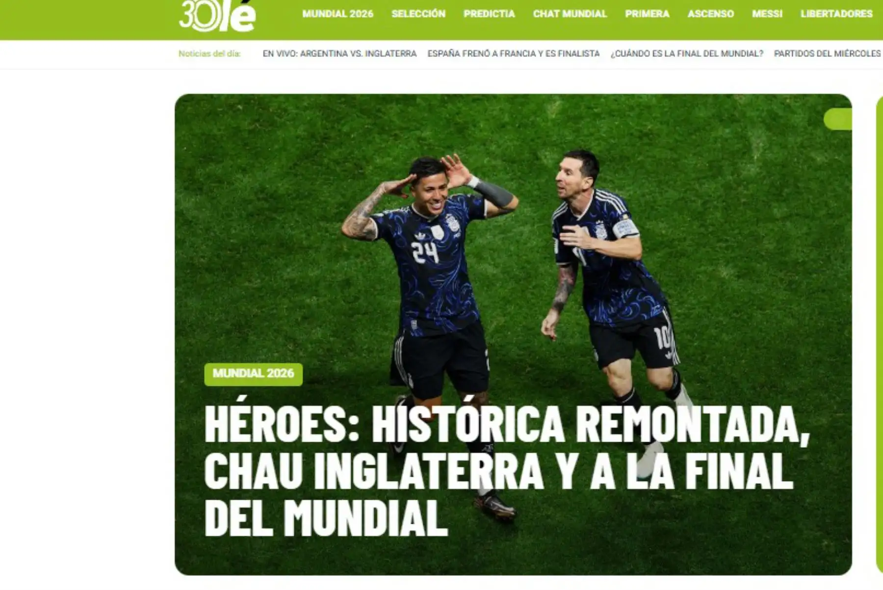 Diario Olé. Así reacciona la prensa argentina tras la clasificación de su selección a la final del Mundial 2026. Argentina derrotó 2-1 a Inglaterra y jugará la final de este domingo ante España.
Foto: Captura