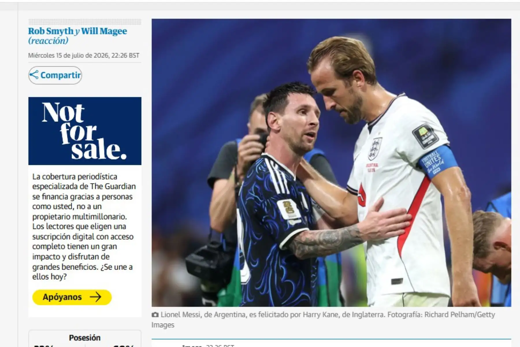 The Guardian. Así reacciona la prensa inglesa tras la dura derrota ante Argentina. La albiceleste derrotó 2-1 a Inglaterra y jugará la final de este domingo ante España. Foto: Captura