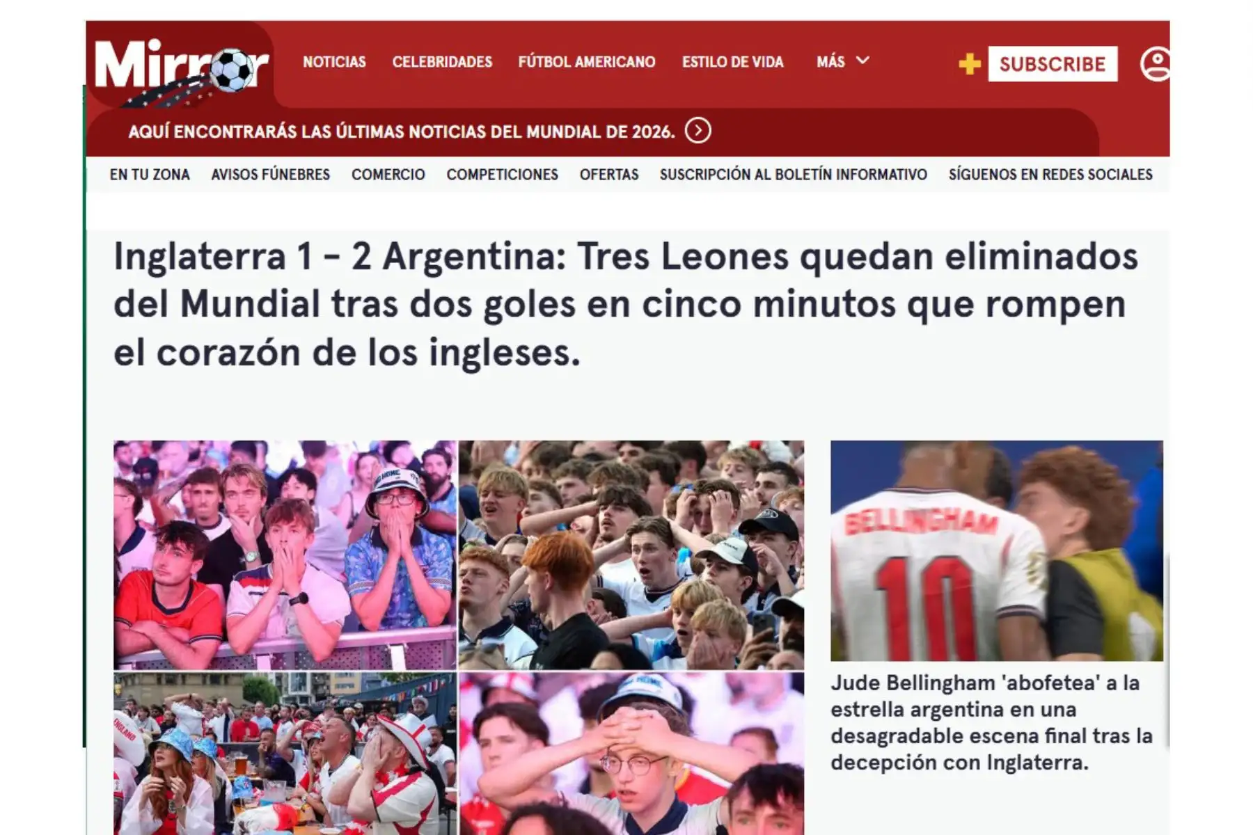 Mirror. Así reacciona la prensa inglesa tras la dura derrota ante Argentina. La albiceleste derrotó 2-1 a Inglaterra y jugará la final de este domingo ante España. Foto: Captura