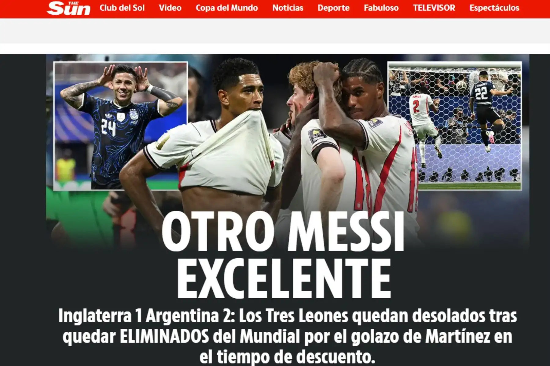 Sun. Así reacciona la prensa inglesa tras la dura derrota ante Argentina. La albiceleste derrotó 2-1 a Inglaterra y jugará la final de este domingo ante España. Foto: Captura