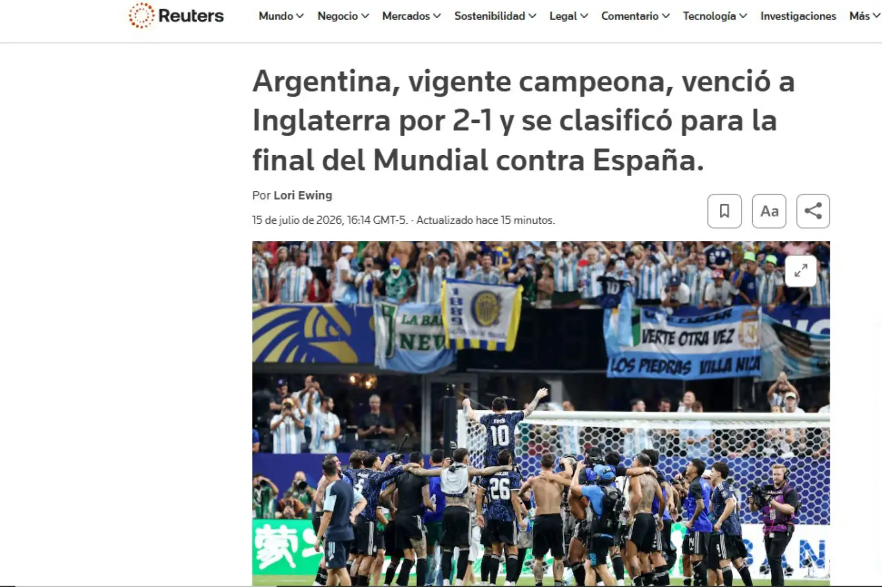 Reuters. Así reacciona la prensa inglesa tras la dura derrota ante Argentina. La albiceleste derrotó 2-1 a Inglaterra y jugará la final de este domingo ante España. Foto: Captura