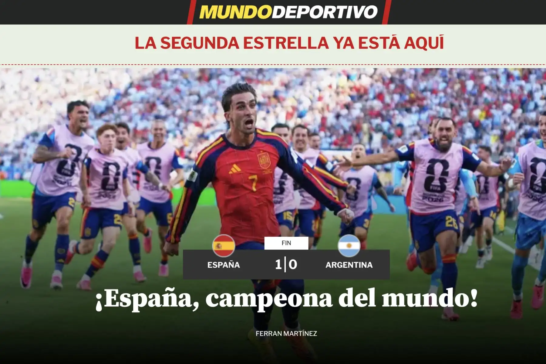 Así reacciona la prensa española tras obtener su segunda estrella al conquistar la Copa del Mundo 2026. España derrotó a Argentina 1-0 en la final jugada en Nueva York. Foto: Captura