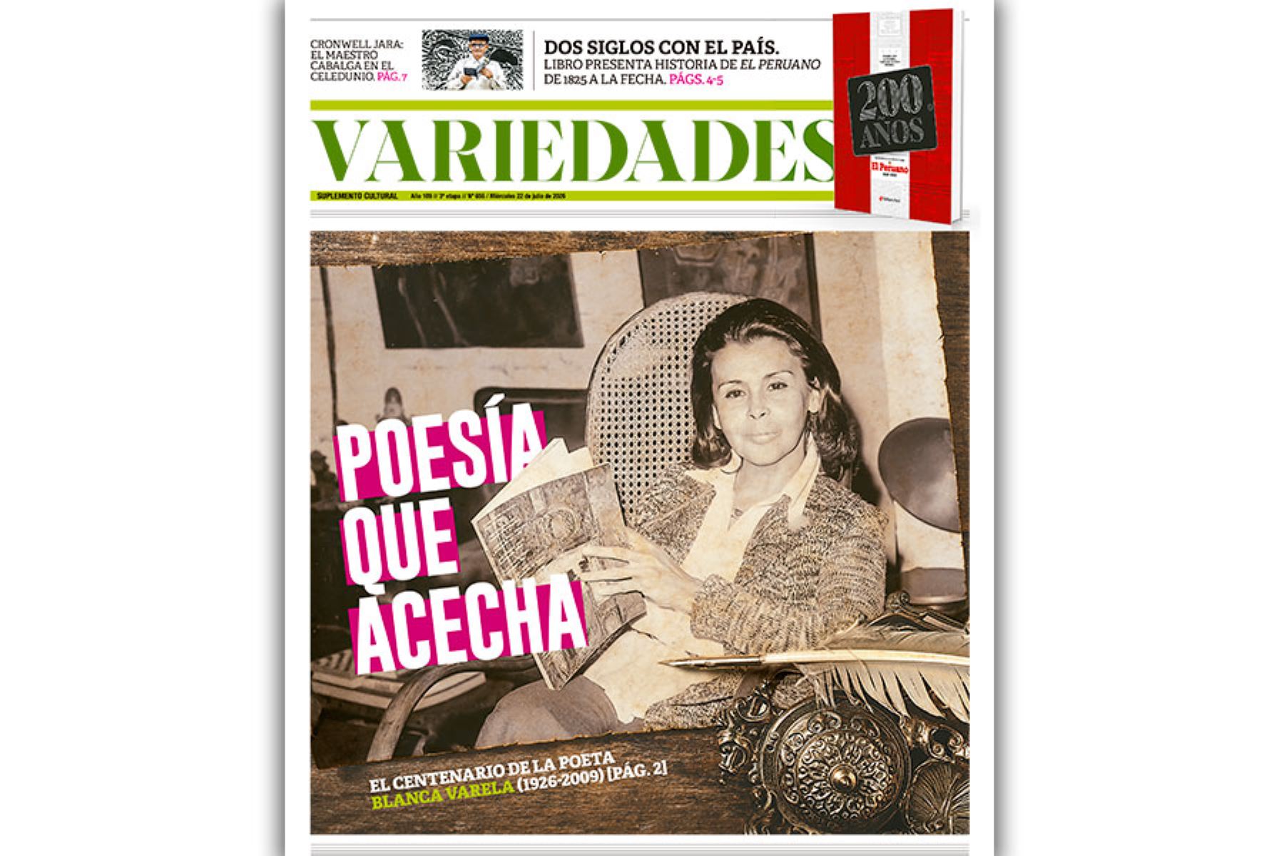 Suplemento “Variedades”: centenario de Blanca Varela y libro de los 200 años de El Peruano