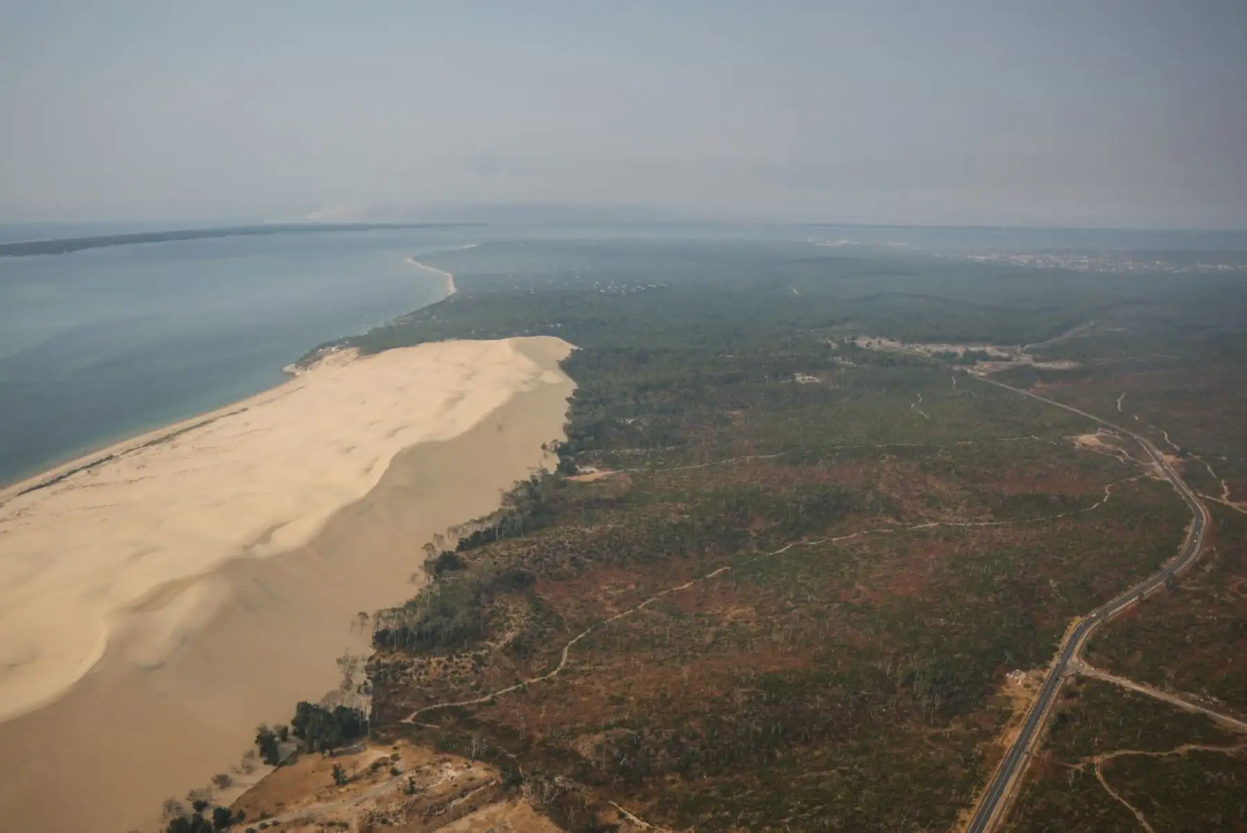 Esta fotografía aérea muestra una vista de la parte del bosque que fue devastada por un incendio forestal en el verano de 2022 entre la Duna de Pilat y La Teste-de-Buch el 24 de julio de 2026. (Foto de ROMAIN PERROCHEAU / AFP)
