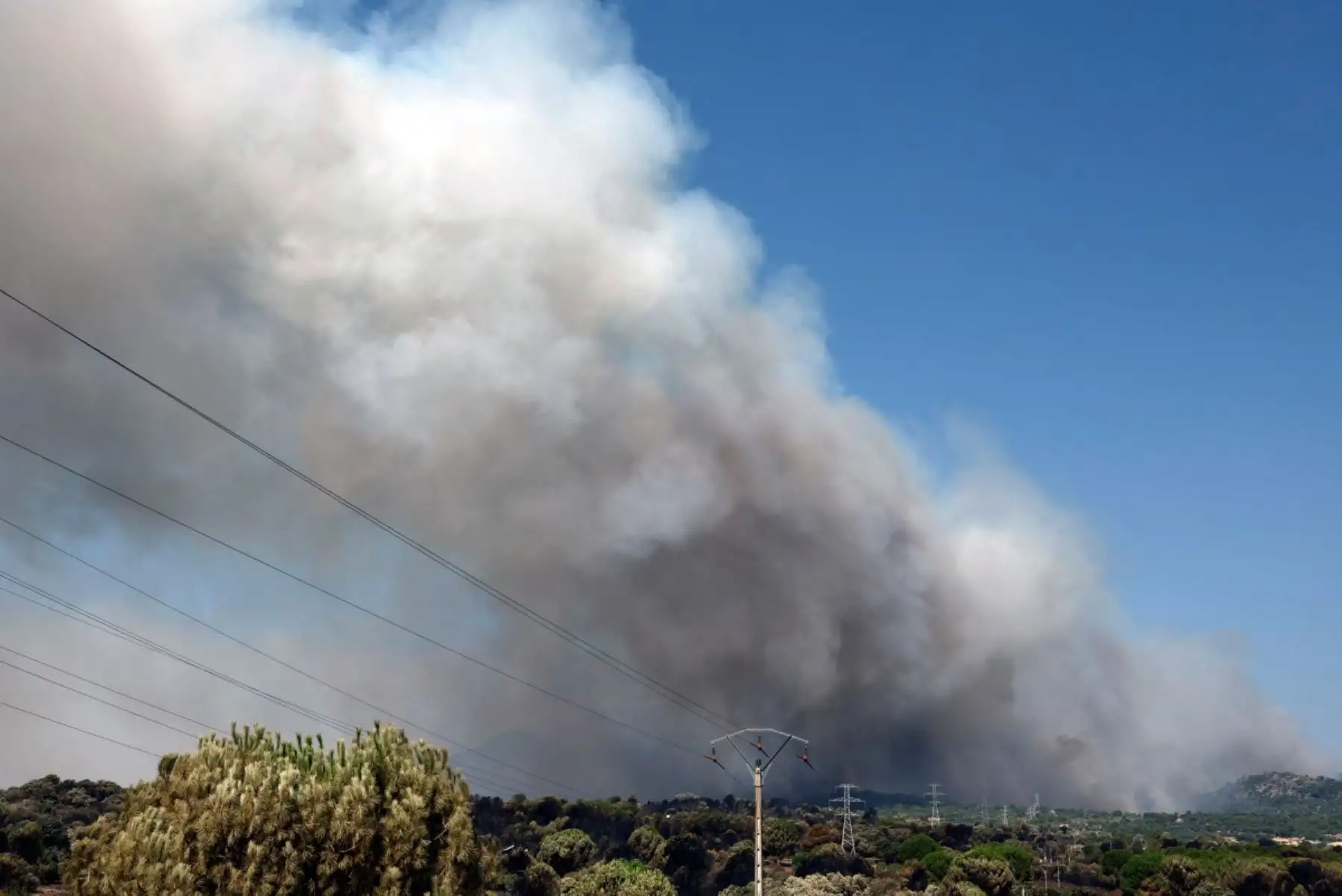 Gruesas columnas de humo se elevan sobre el paisaje cerca de Pelayos de la Presa, a 65 kilómetros al oeste de Madrid en España, durante un incendio forestal que azotaba la región el 26 de julio de 2026. Foto: AFP