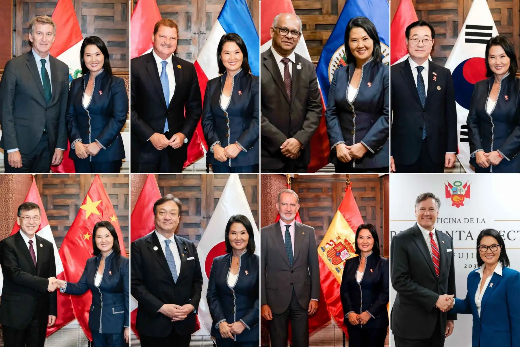 A un día de la asunción de su mandato, la presidenta electa, Keiko Fujimori, sostuvo una serie de audiencias con autoridades e invitados internacionales que llegaron al país para presenciar el cambio de mando. Entre las reuniones destacó el encuentro con Su Majestad el rey de España, Felipe VI. Foto: ANDINA/Composición con fotos de Difusión