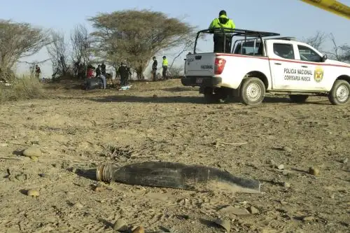 Integrantes la Policía de Perú operan en la zona donde una avioneta que sobrevolaba sobre las Líneas de Nazca se estrelló y dejó trece personas fallecidas, entre ellos 11 turistas, este sábado, en la municipalidad provincial de Nazca (Perú). EFE/Victor Quilca