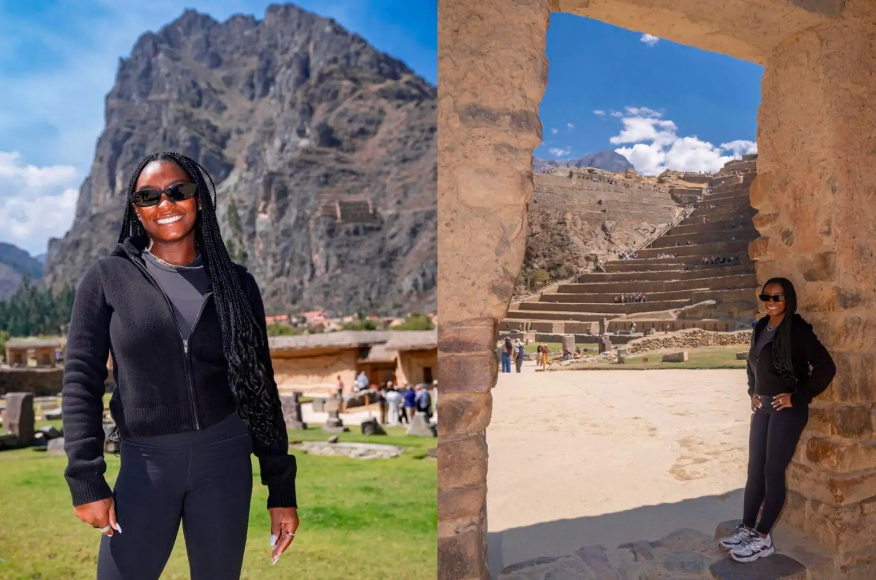 La múltiple campeona olímpica, Simone Biles, visitó Ollantaytambo, en la región Cusco, donde recorrió uno de los principales atractivos del Valle Sagrado de los Incas y expresó su admiración por la riqueza histórica y cultural del lugar.  Foto: ANDINA/ Facebook/ Panam Sports
