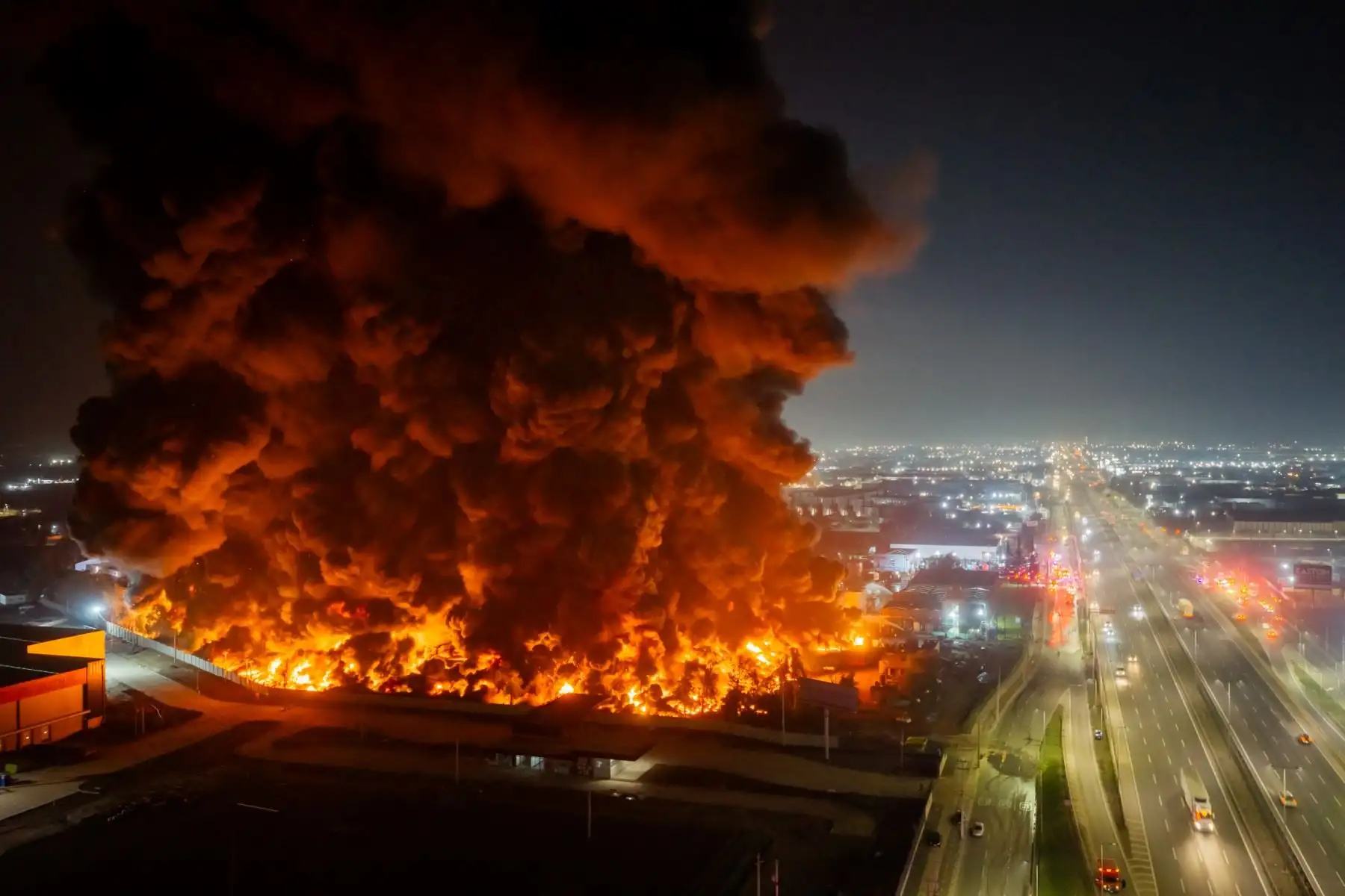 Esta vista aérea muestra un gran incendio en una planta química de la comuna de Quilicura, en Santiago. AFP