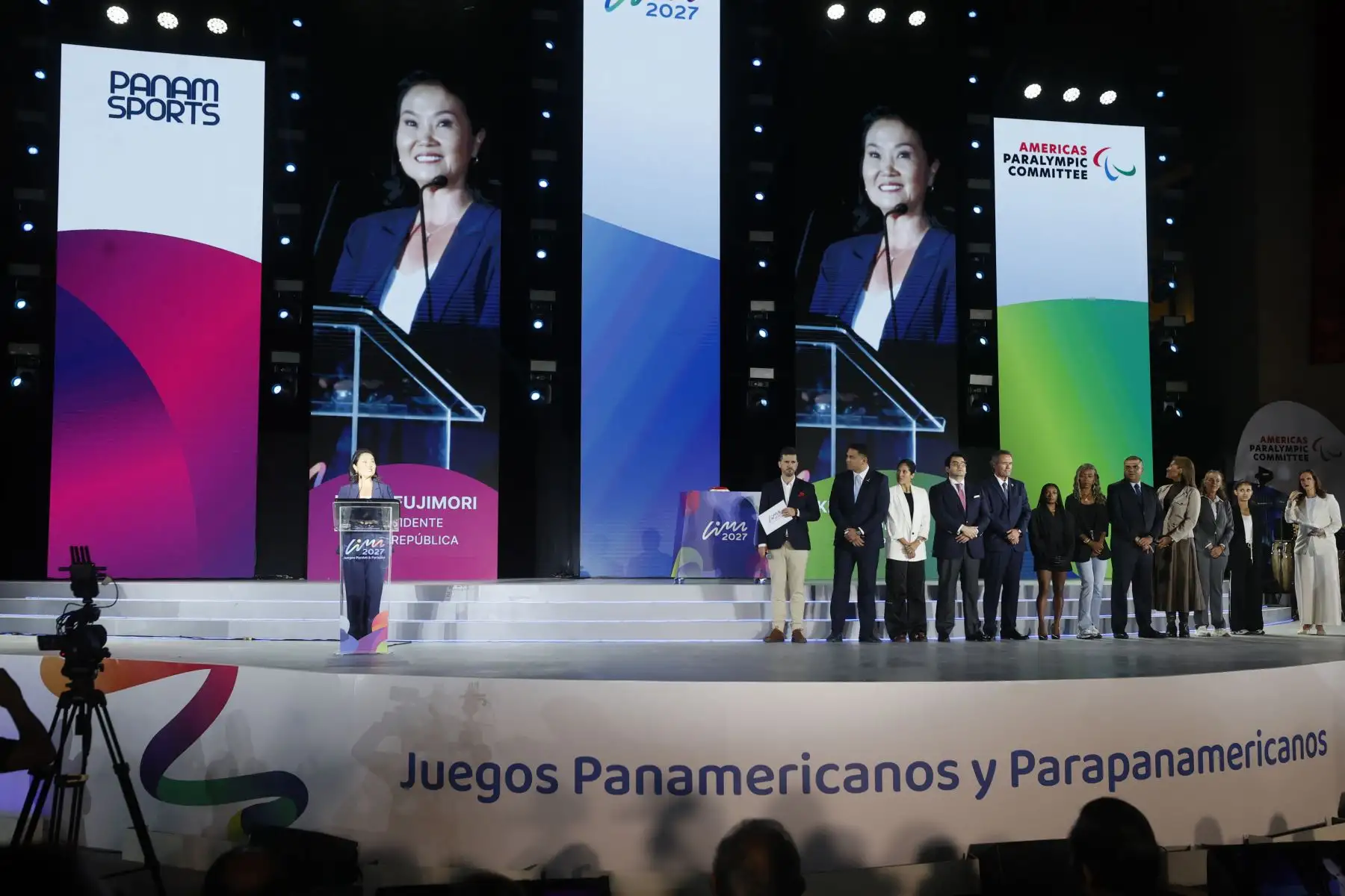 La presidenta de la república, Keiko Fujimori, participa en la ceremonia “One Year To Go de Lima 2027” – XX Juegos Panamericanos y VIII Juegos Parapanamericanos, que marca el inicio de la cuenta regresiva hacia la realización de este gran evento multideportivo.  Foto: ANDINA/Vidal Tarqui