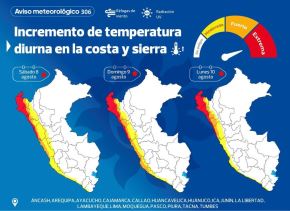 Senamhi pronosticó que continuarán las altas temperaturas hasta el lunes 10 de agosto. En su aviso alerta que se espera un calor extremo, en especial en localidades de la costa norte.