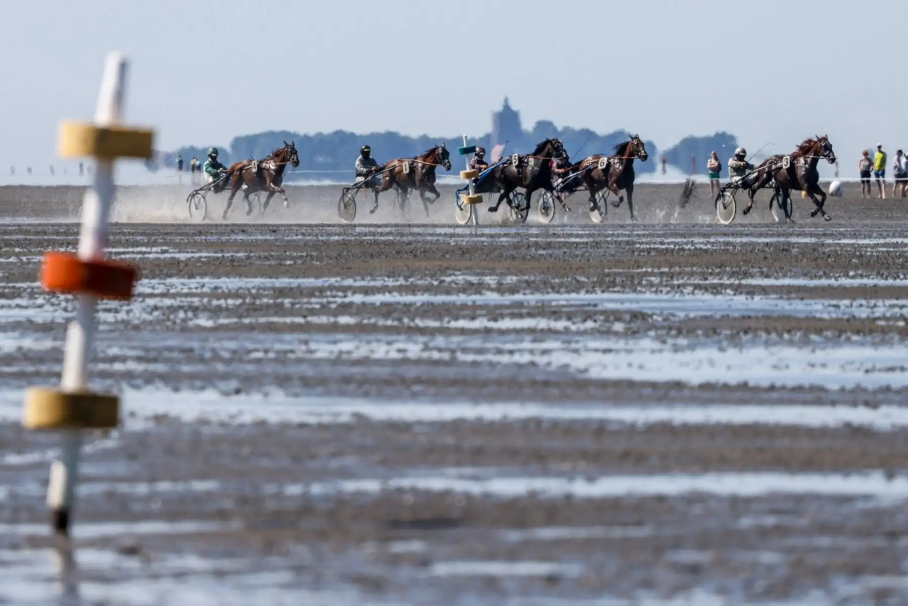 Los caballos de trote compiten frente a la isla de Neuwerk durante la 90.ª edición de la carrera de caballos Duhner Wattrennen, que se celebra en las marismas del estuario del Elba durante la marea baja en Cuxhaven-Duhnen, Alemania, el 9 de agosto de 2026. Foto: AFP
