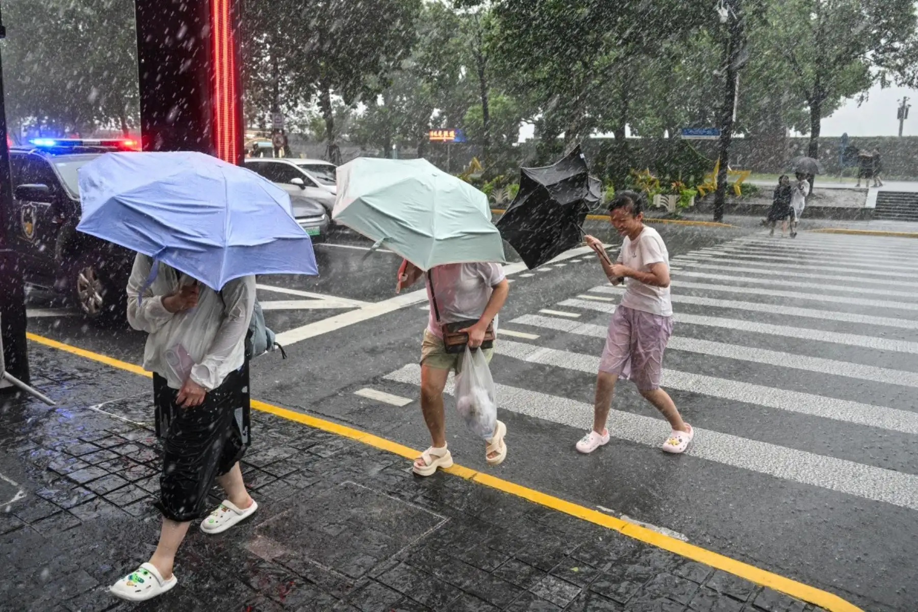 La gente utiliza paraguas para protegerse de la lluvia mientras camina por el Bund, un día después de que el tifón Dolphin tocara tierra en . Foto: AFP