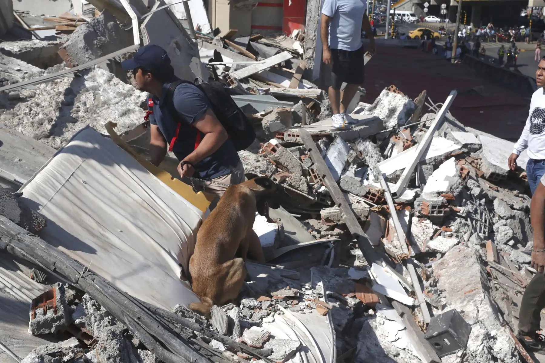 Personas caminan sobre los escombros de un edificio colapsado este lunes, en Cali (Colombia). Al menos 20 edificios sufrieron graves daños por consecuencia del terremoto de magnitud 7,4 que sacudió la mayor parte del país, con epicentro en la zona del Pacífico. Foto:  EFE