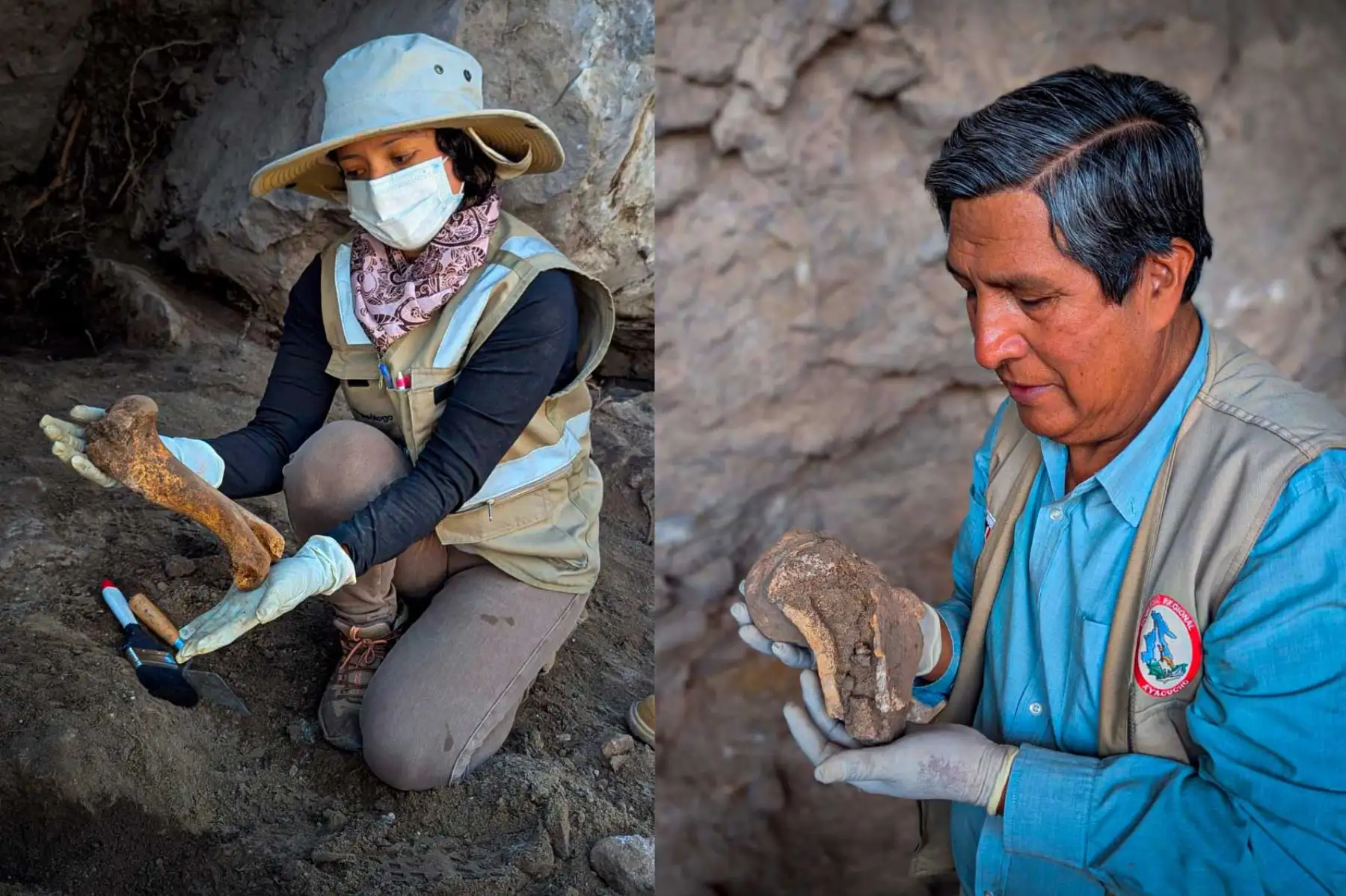 Investigadores recuperan materiales líticos durante las excavaciones realizadas en pequeños abrigos rocosos ubicados fuera de la cueva de Pikimachay. Foto: José Ochatoma.
