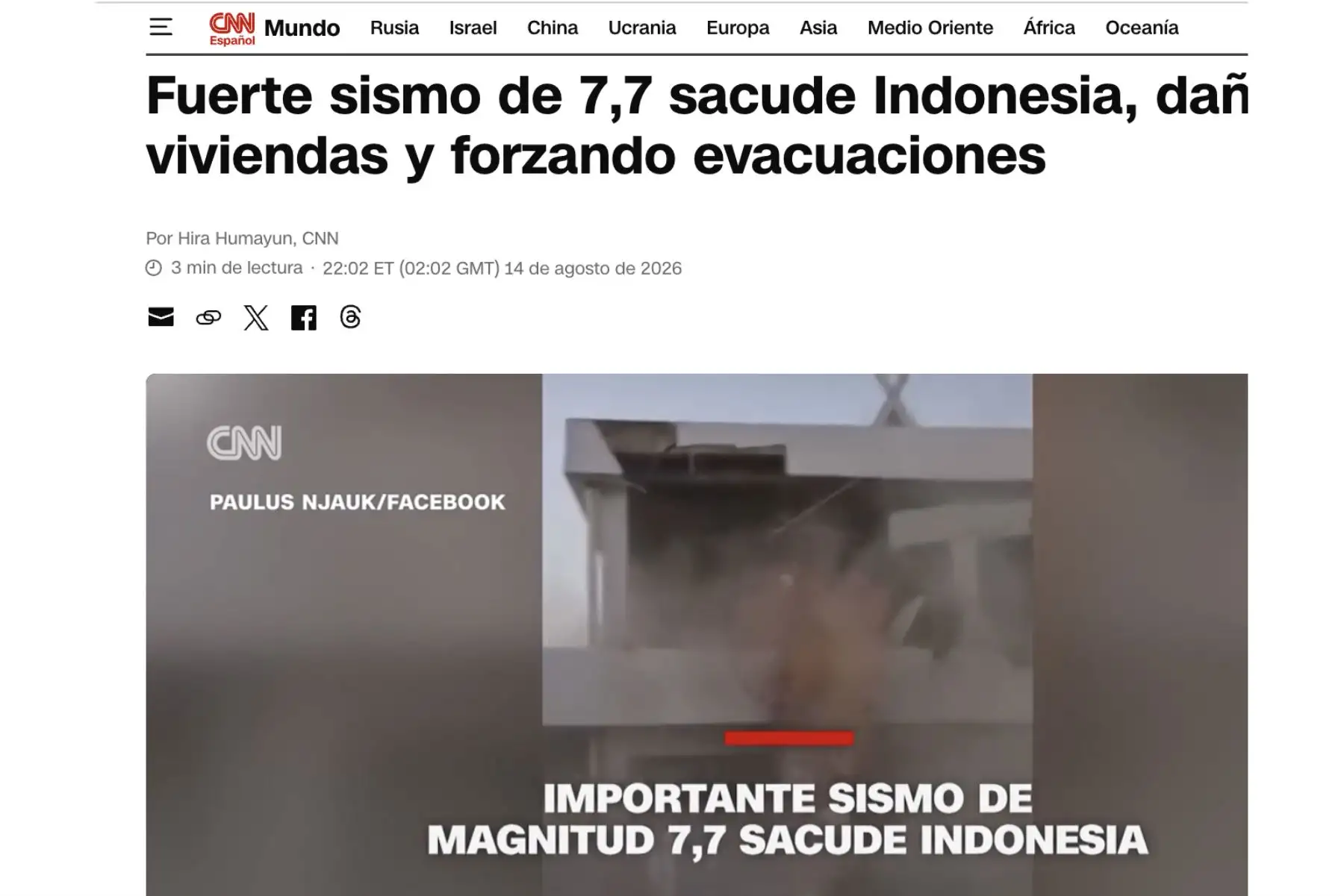 Así informa la prensa internacional acerca del terremoto de 7,7 en Indonesia. Foto: Captura