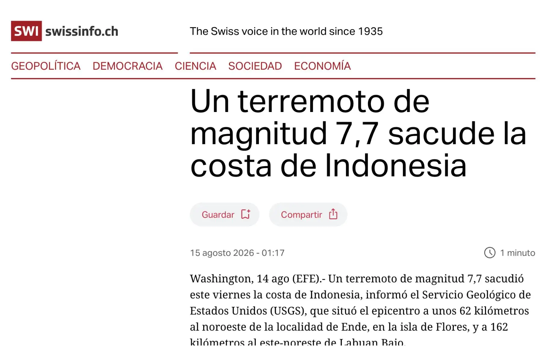 Así informa la prensa internacional acerca del terremoto de 7,7 en Indonesia. Foto: Captura