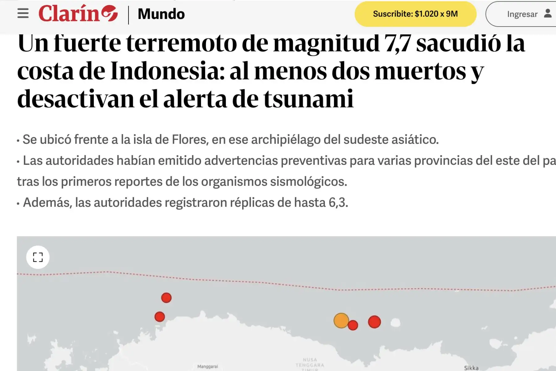 Así informa la prensa internacional acerca del terremoto de 7,7 en Indonesia. Foto: Captura