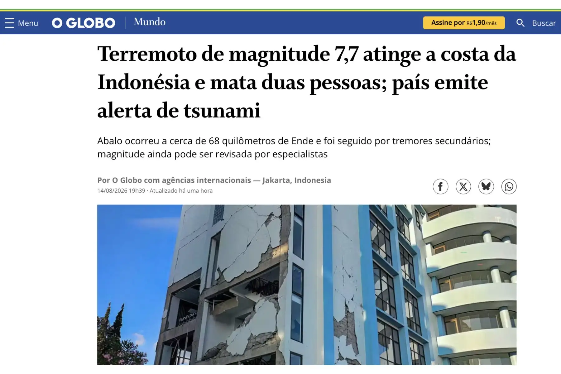 Así informa la prensa internacional acerca del terremoto de 7,7 en Indonesia. Foto: Captura