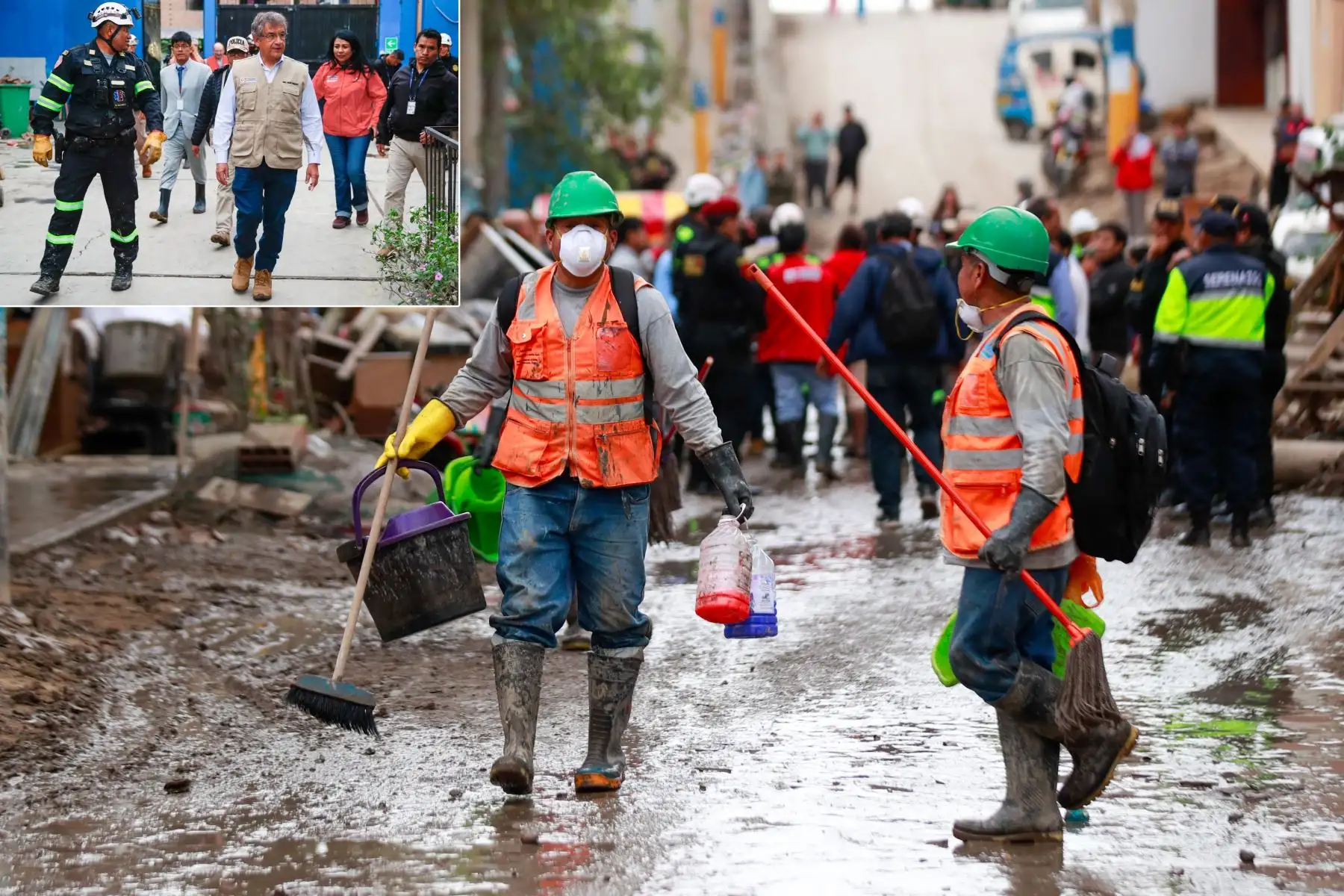 El ministro de Trabajo y Promoción del Empleo, Juan Sheput, llegó al Sector 1, Grupo 1, en Villa El Salvador, donde junto al Programa Nacional Llankasum Perú anunció acciones de apoyo para la zona afectada por las lluvias, mediante trabajos de limpieza y mejoramiento con generación de empleo temporal. Foto: ANDINA/Composición con fotos de Ricardo Cuba