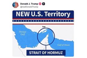 Mapa publicado por el presidente Trump, en Truth Social, que muestra a Ormuz como territorio estadounidense. Imagen: Truth Social. 