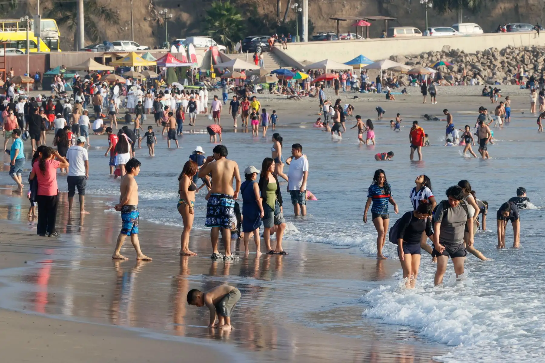 Con temperaturas máximas de 24°C en la ciudad de Lima, y pese al aumento de vientos fríos y precipitaciones en los últimos días, los peruanos continuan disfrutando del sol, la arena y el mar en los balnearios de la capital, tal como ocurrió hoy sábado 22 de agosto de 2026 en la playa Agua Dulce de Chorrillos, con una masiva concurrencia. Foto: ANDINA/Vidal Tarqui