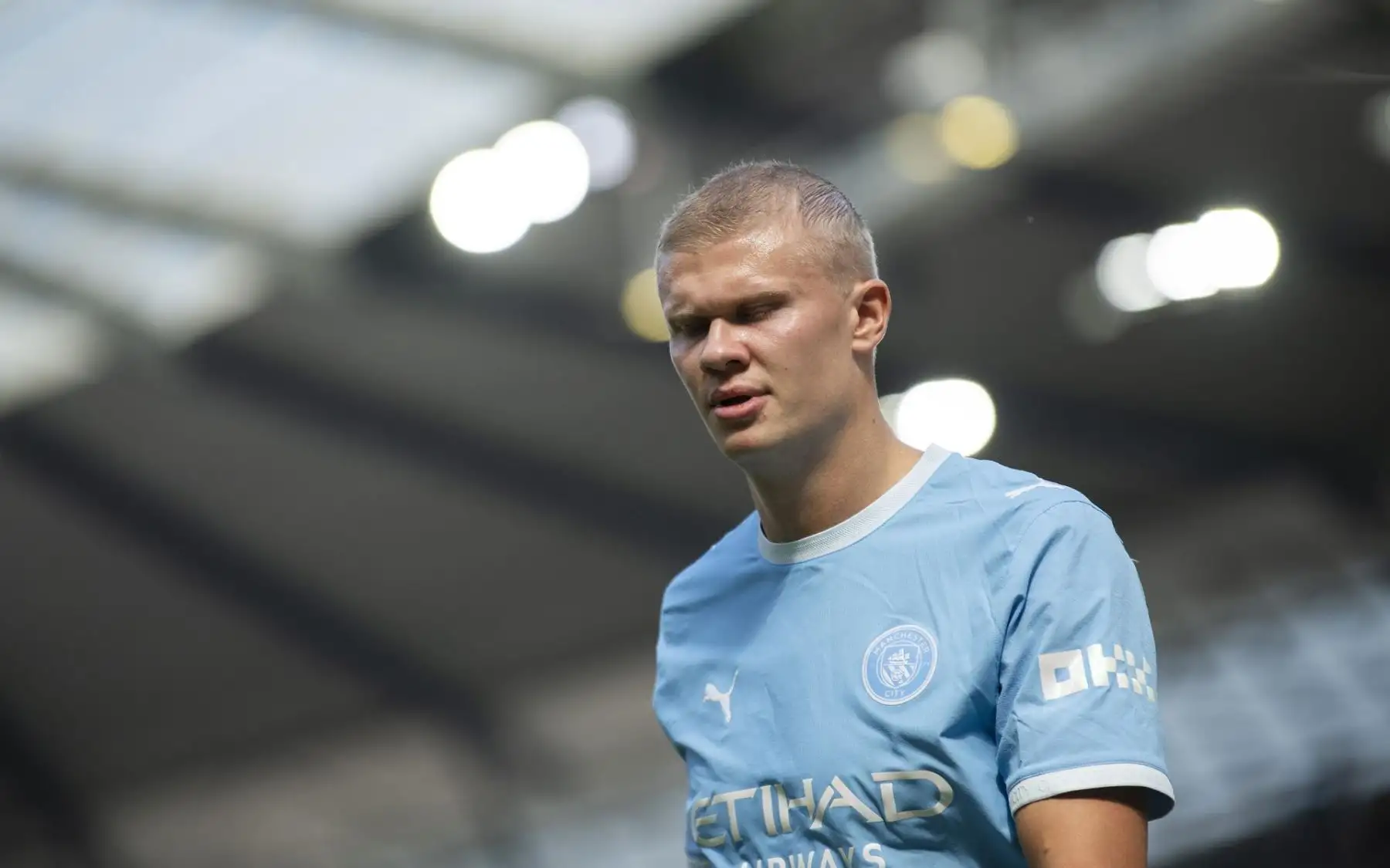 Erling Haaland, del Manchester City, reacciona durante el partido de la Premier League inglesa entre el Manchester City y el AFC Bournemouth, en Mánchester, Reino Unido, el 23 de agosto de 2026. Foto: EFE