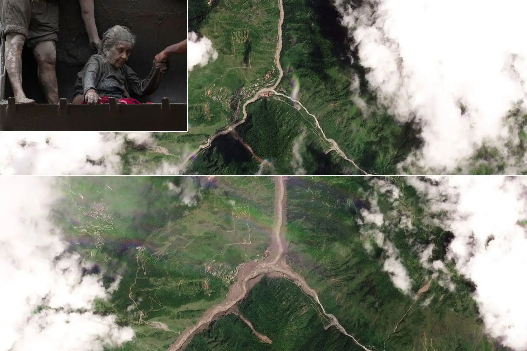 El balance de las inundaciones en la frontera entre Nepal y China se elevó a por lo menos 160 muertos y cientos de desaparecidos, entre ellos turistas extranjeros, tras una riada que sepultó edificios, provocó deslaves y arrasó localidades en las estribaciones del Himalaya. Foto: Composición con fotos de EFE y AFP