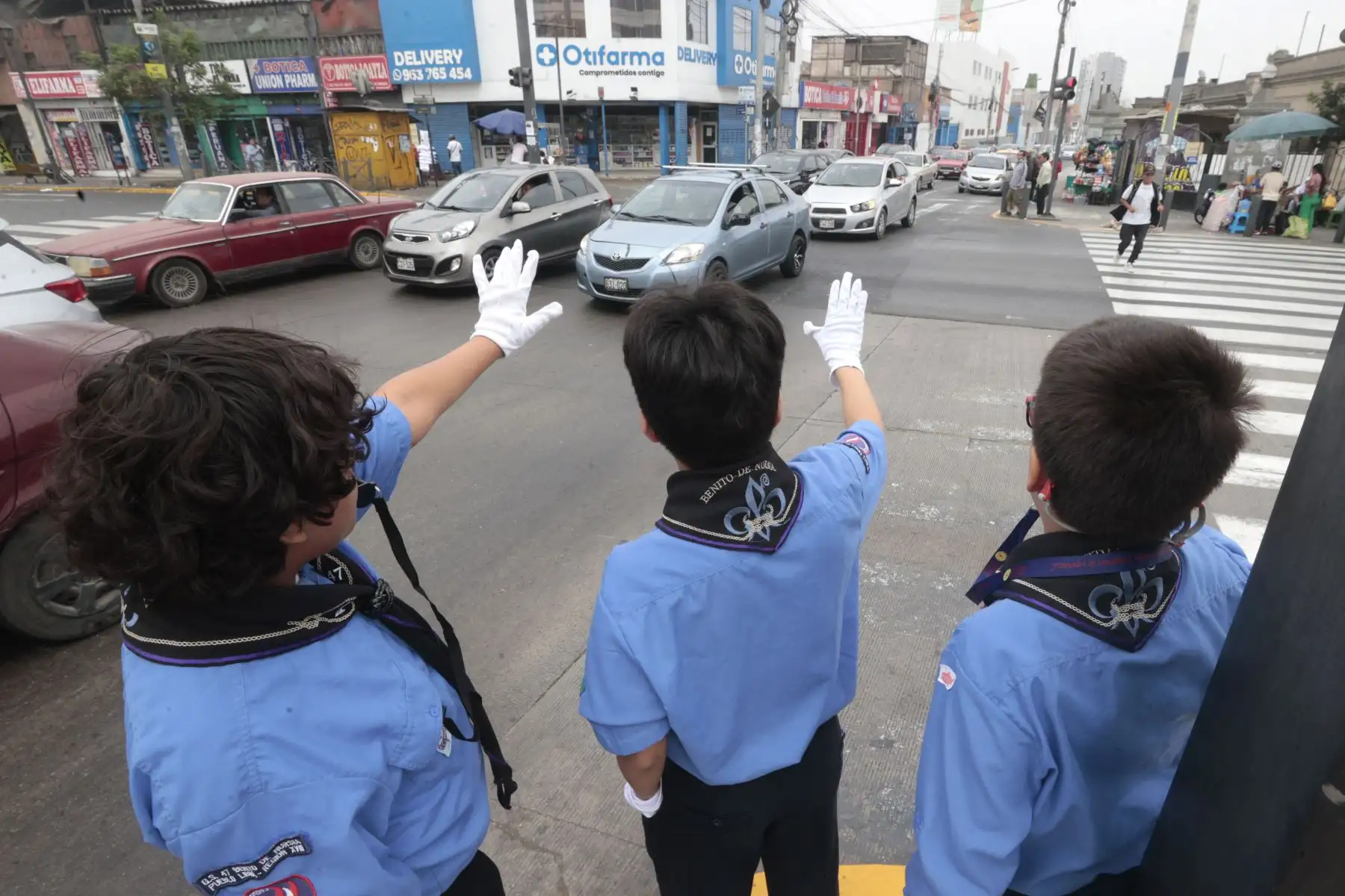 Jóvenes scouts dirigen el tránsito en una intersección de Lima durante la jornada de servicio a la comunidad que realizan en homenaje a Santa Rosa de Lima.
Foto: ANDINA/Vidal Tarqui