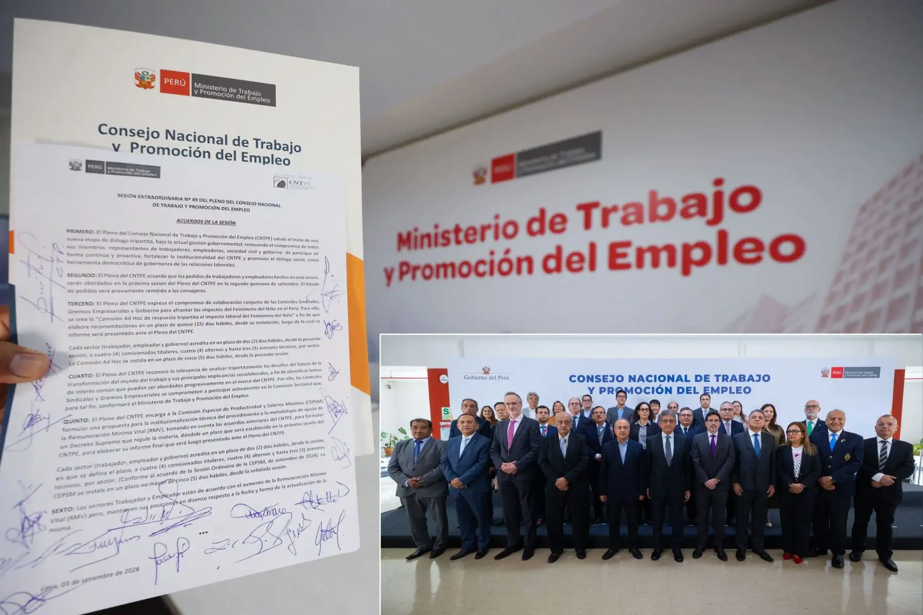 El Gobierno reactivó el Consejo Nacional de Trabajo y Promoción del Empleo (CNTPE) y logró que trabajadores y empleadores respalden el incremento de la Remuneración Mínima Vital a S/ 1,300. El pleno continuará el diálogo para definir la fecha y forma de aplicación y creó una comisión tripartita frente al impacto laboral del Fenómeno El Niño. Foto: ANDINA/Composición con fotos de difusión