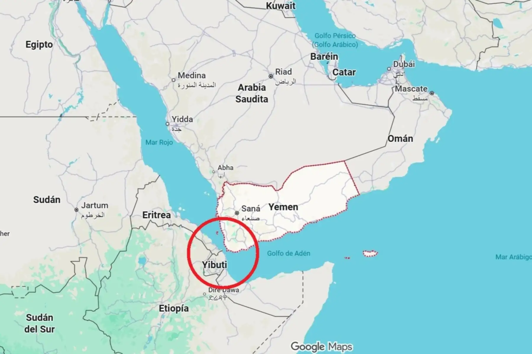 Mapa de localización del estrecho de Bab el Mandeb, en el mar Rojo. Imagen: Google Maps.