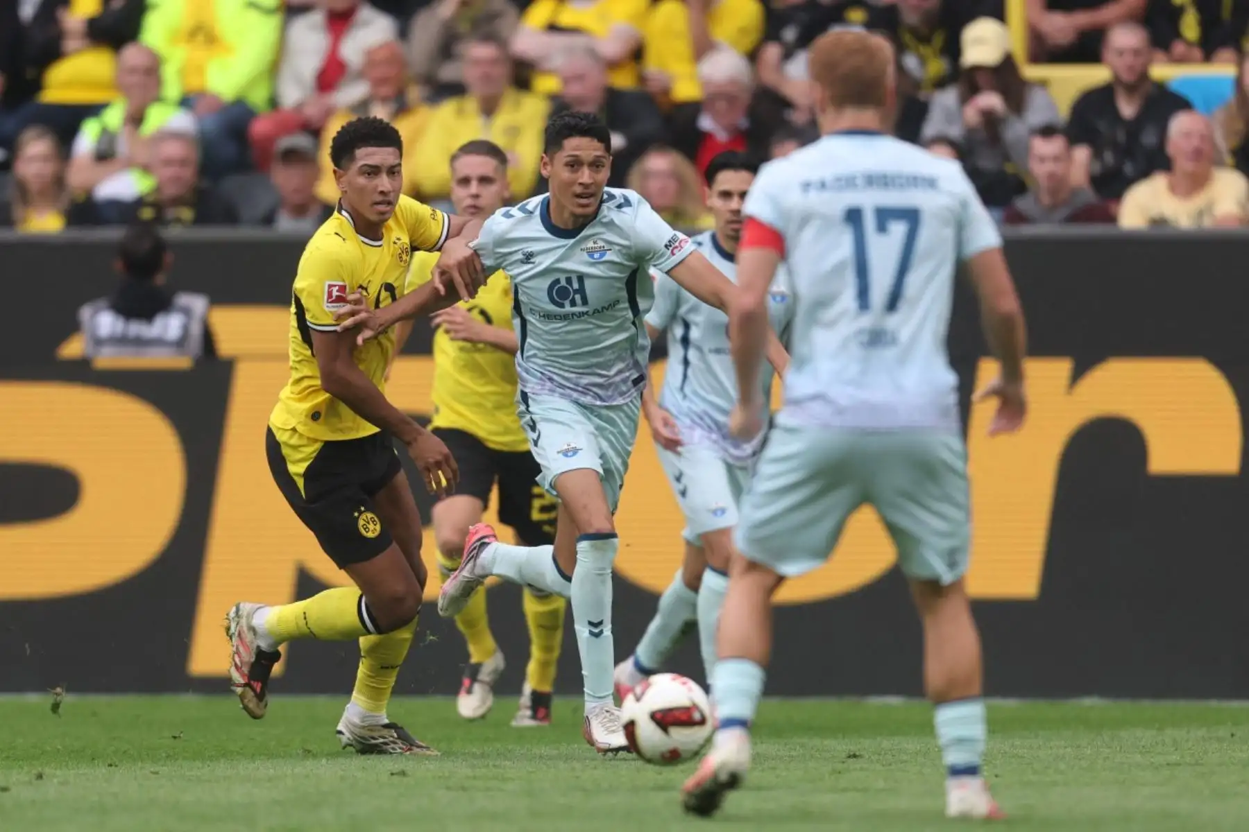 El centrocampista inglés del Dortmund, Jobe Bellingham (n.º 7), y el centrocampista estadounidense del Paderborn, Santiago Castañeda (n.º 5), pugnan por el balón durante el partido de la Bundesliga (primera división alemana) entre el Borussia Dortmund y el SC Paderborn, disputado en Dortmund el 12 de septiembre de 2026.
Foto: AFP