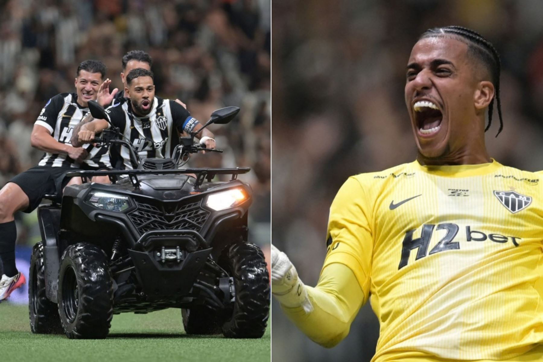 Atlético Mineiro clasificó a las semifinales de la Copa Sudamericana 2026 tras eliminar al Santos en una dramática definición por penales en Belo Horizonte. El arquero Gabriel Delfim fue decisivo al atajar tres remates y mantener al Galo en carrera por volver a la final del torneo continental. Foto: Composición con fotos de AFP.