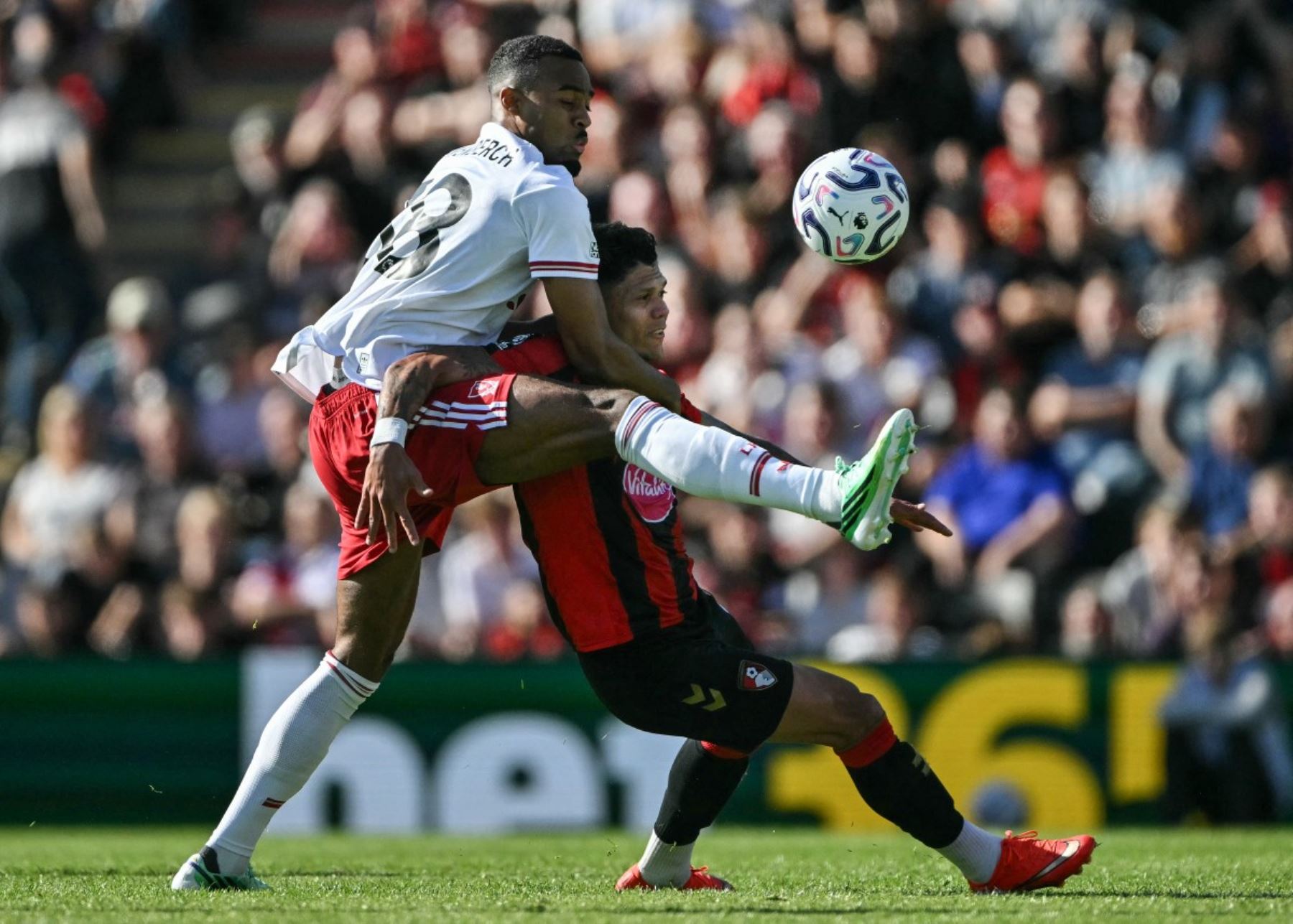 El centrocampista neerlandés del Liverpool, Ryan Gravenberch (n.º 38, a la izquierda), choca con el delantero brasileño del Bournemouth, Evanilson (n.º 9, a la derecha), durante el partido de la Premier League inglesa entre el Bournemouth y el Liverpool en el Vitality Stadium de Bournemouth, en el sur de Inglaterra.
Foto: AFP