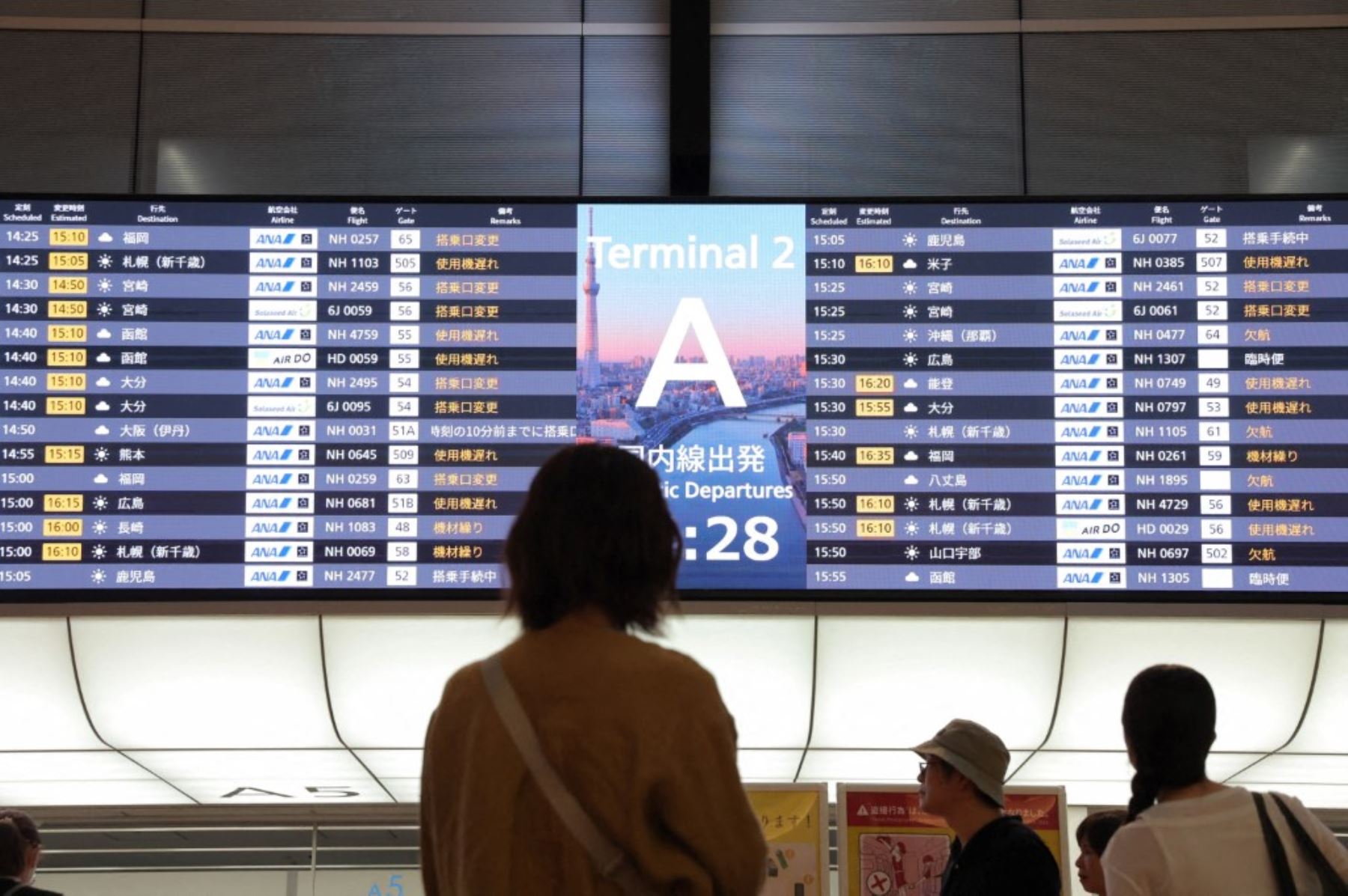 Un panel electrónico muestra cancelaciones y retrasos de vuelos en el aeropuerto de Haneda mientras el tifón Dujuan (n.º 25) se acerca a la región de Kanto, en el distrito de Ota, Tokio, Japón, el 21 de septiembre de 2026. Foto: AFP