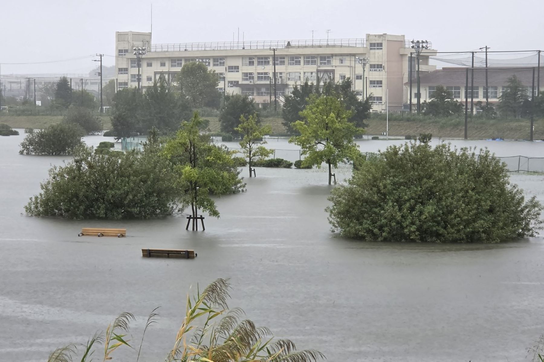 Las inundaciones anegaron un parque debido a las fuertes lluvias provocadas por el tifón Dujuan en la ciudad de Ichikawa, prefectura de Chiba, el 21 de septiembre de 2026. El tifón Dujuan obligó a cancelar al menos 275 vuelos en Japón el 21 de septiembre y generó advertencias sobre posibles lluvias récord a medida que la tormenta se acercaba a Tokio. Foto: AFP