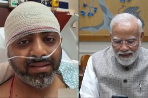 El primer ministro de la India, Narendra Modi (derecha), realiza una videollamada con el piloto héroe de Flydubai, Smit Machchhar. Imagen: AFP