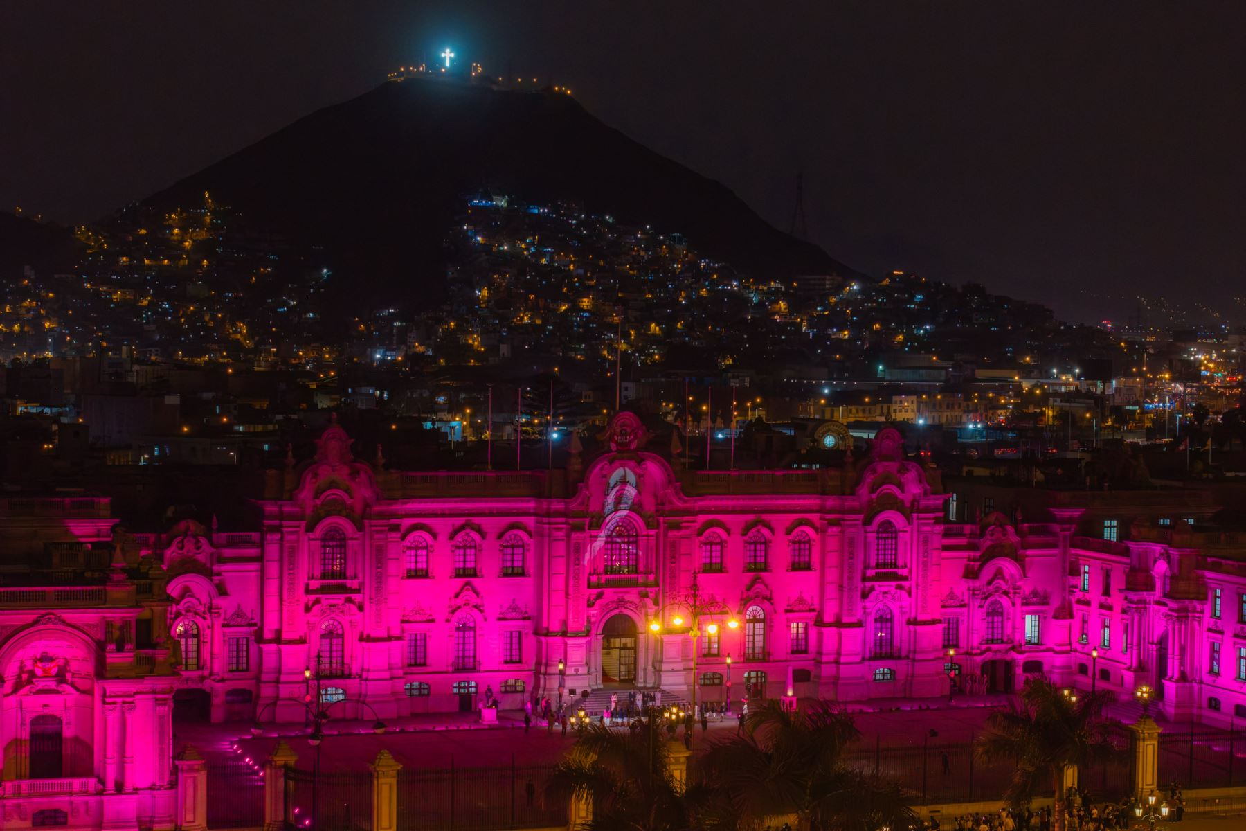 La presidenta de la república participó en la iluminación de color rosa de Palacio de Gobierno, acto simbólico por el mes de sensibilización sobre el cáncer de mama, y destacó la importancia de la prevención, los chequeos médicos periódicos y la detección temprana de esta enfermedad. Foto: ANDINA/Prensa Presidencia.