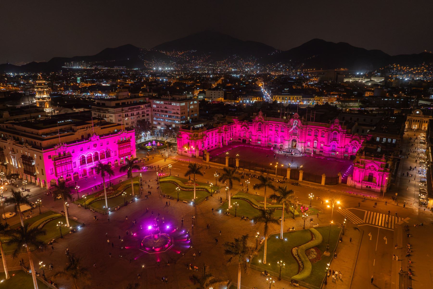 La presidenta de la república participó en la iluminación de color rosa de Palacio de Gobierno, acto simbólico por el mes de sensibilización sobre el cáncer de mama, y destacó la importancia de la prevención, los chequeos médicos periódicos y la detección temprana de esta enfermedad. Foto: ANDINA/Prensa Presidencia.