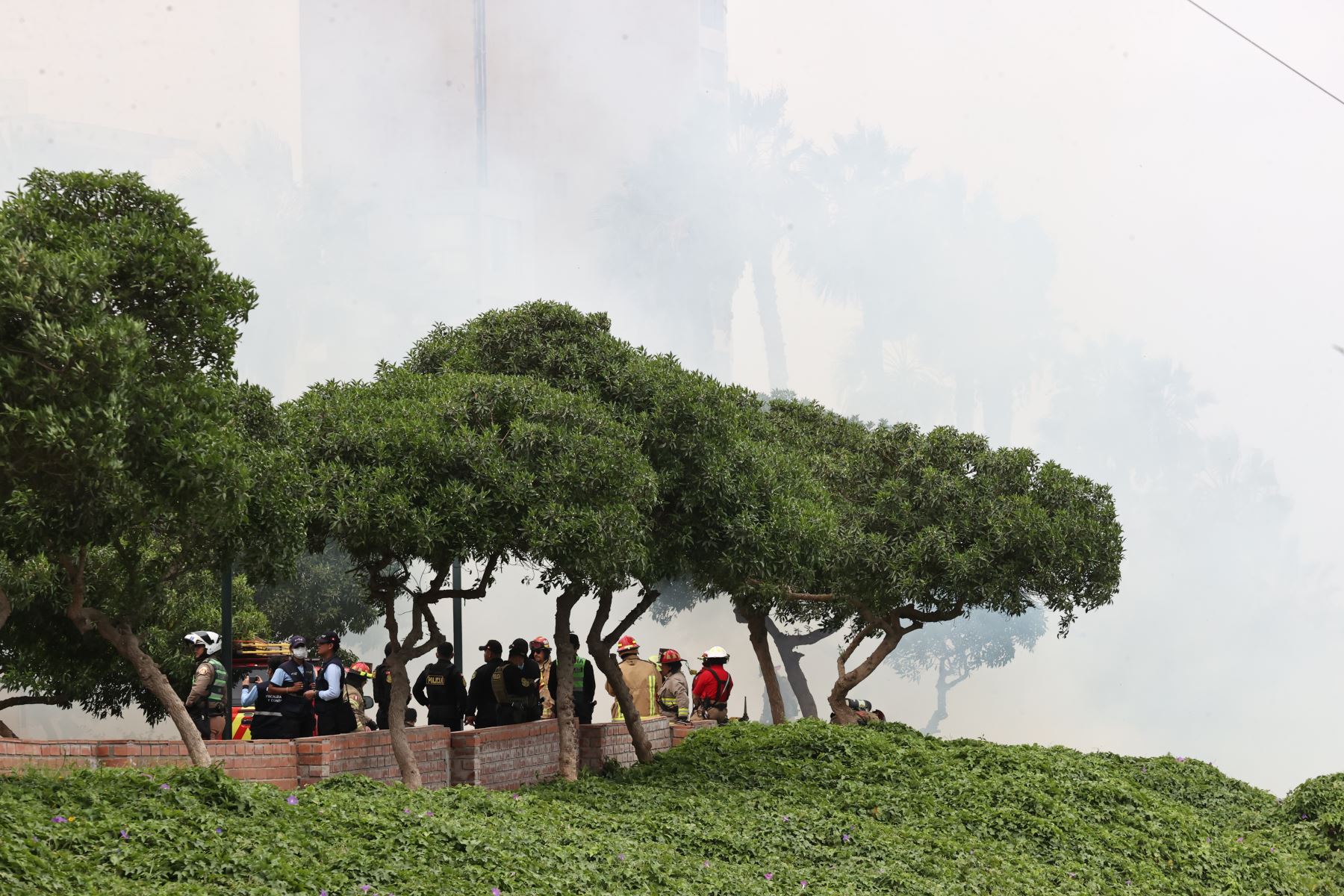 El incendio registrado en la maleza del acantilado de la Costa Verde, a la altura del parque Domodossola, en Miraflores, es controlado por el Cuerpo General de Bomberos Voluntarios del Perú, tras la movilización de cerca de 20 unidades de emergencia. El siniestro genera el cierre temporal de un tramo de la vía del circuito de playas. Foto: ANDINA/Juan Carlos Guzmán