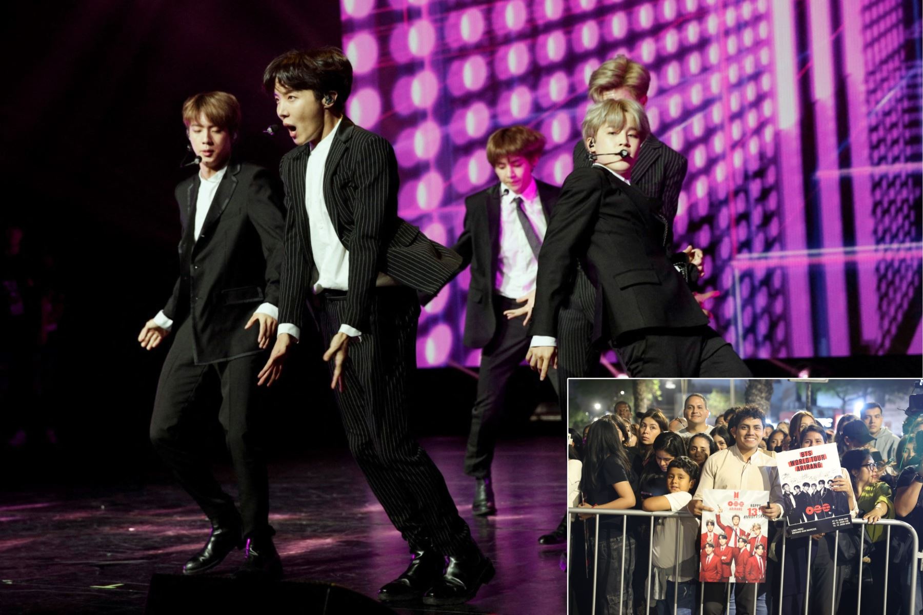 BTS ya se encuentra en Lima para ofrecer tres conciertos los días 7, 9 y 10 de octubre en el Estadio San Marcos, presentaciones que marcarán el debut de la agrupación surcoreana en el Perú. En la antesala, fanáticos se congregan con expectativa en los exteriores del hotel Marriott, en Miraflores. Foto: ANDINA/Composición con fotos de Melina Mejía y AFP.