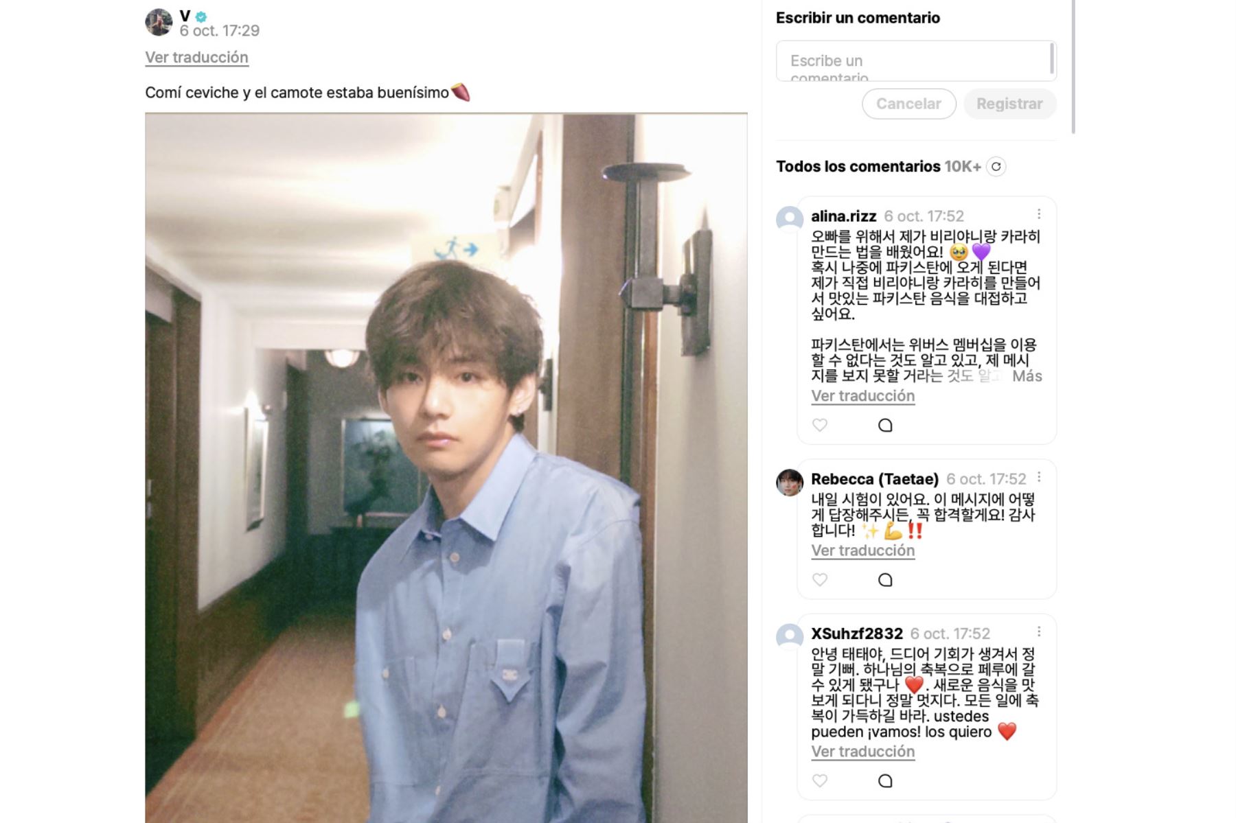 V de BTS en Lima: "Comí ceviche y el camote estaba buenísimo"