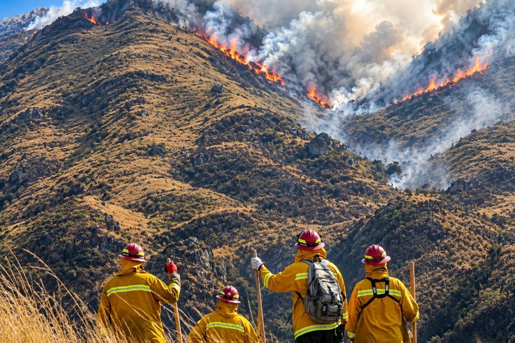 Esta fotografía, facilitada por el IX Cuerpo de Bomberos de la Región de Cusco, muestra a bomberos peruanos observando un incendio en el Valle Sagrado de los Incas, cerca de la vía principal de acceso a Machu Picchu y en las inmediaciones del centro poblado de Yanahuara (departamento de Cusco, Perú), el 3 de octubre de 2026. Un incendio se registra cerca de la vía principal de acceso a la ciudadela inca de Machu Picchu, dejando un saldo de una persona fallecida y dos heridas, según informaron las autoridade