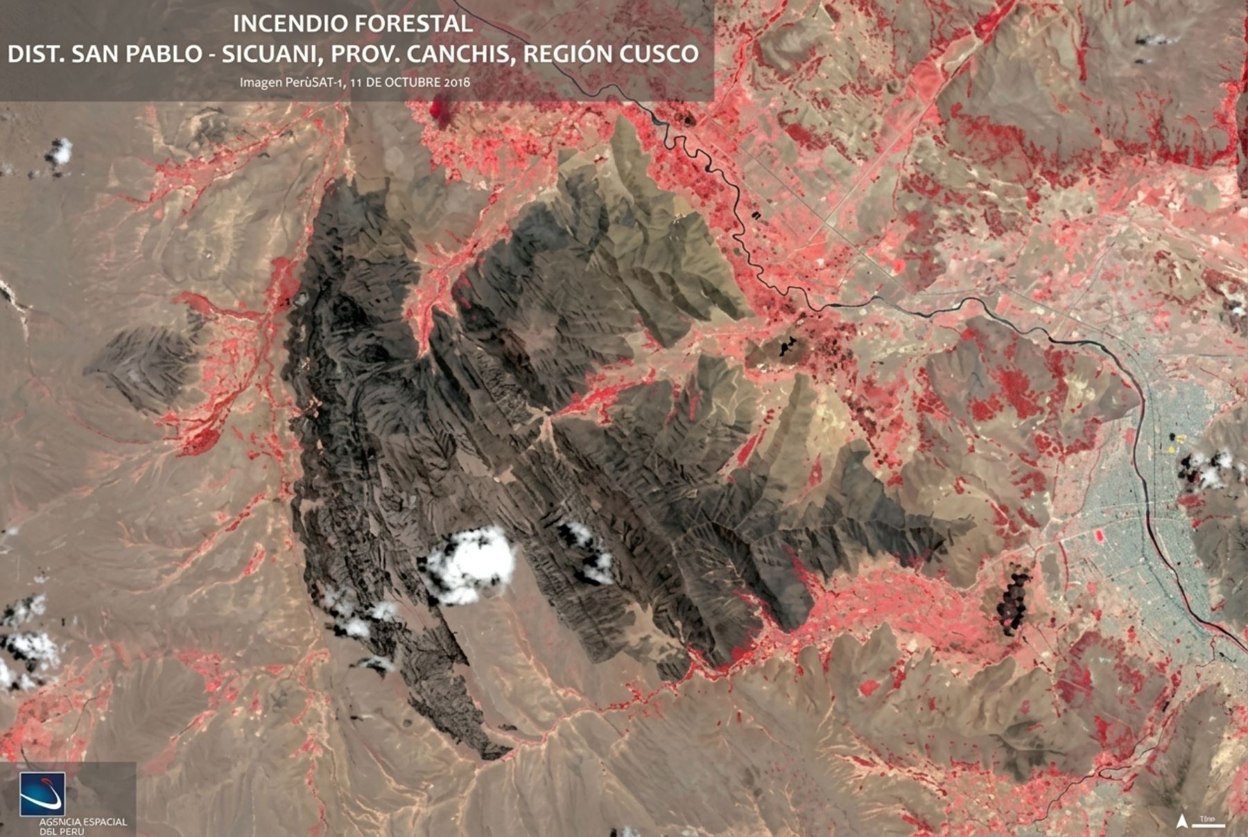 PerúSAT-1 capta imágenes de las áreas afectadas por incendios forestales en Sicuani, Cusco