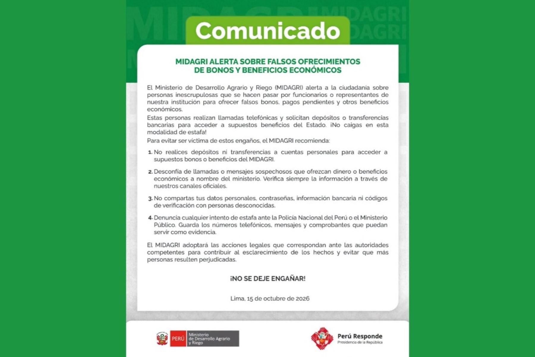 ¡No se deje engañar! Midagri alerta sobre falsos ofrecimientos de beneficios económicos