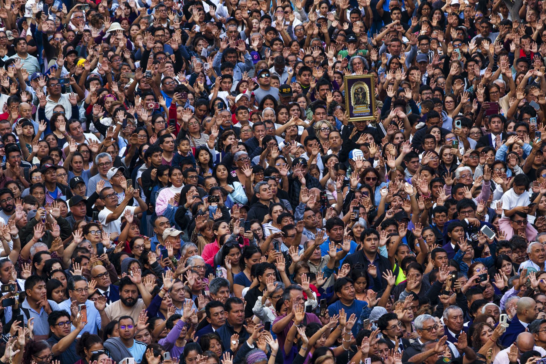 Multitud de devotos acompañan el paso del Señor de los Milagros que sigue el recorrido por las calles limeñas. Foto: ANDINA/Ricardo Cuba