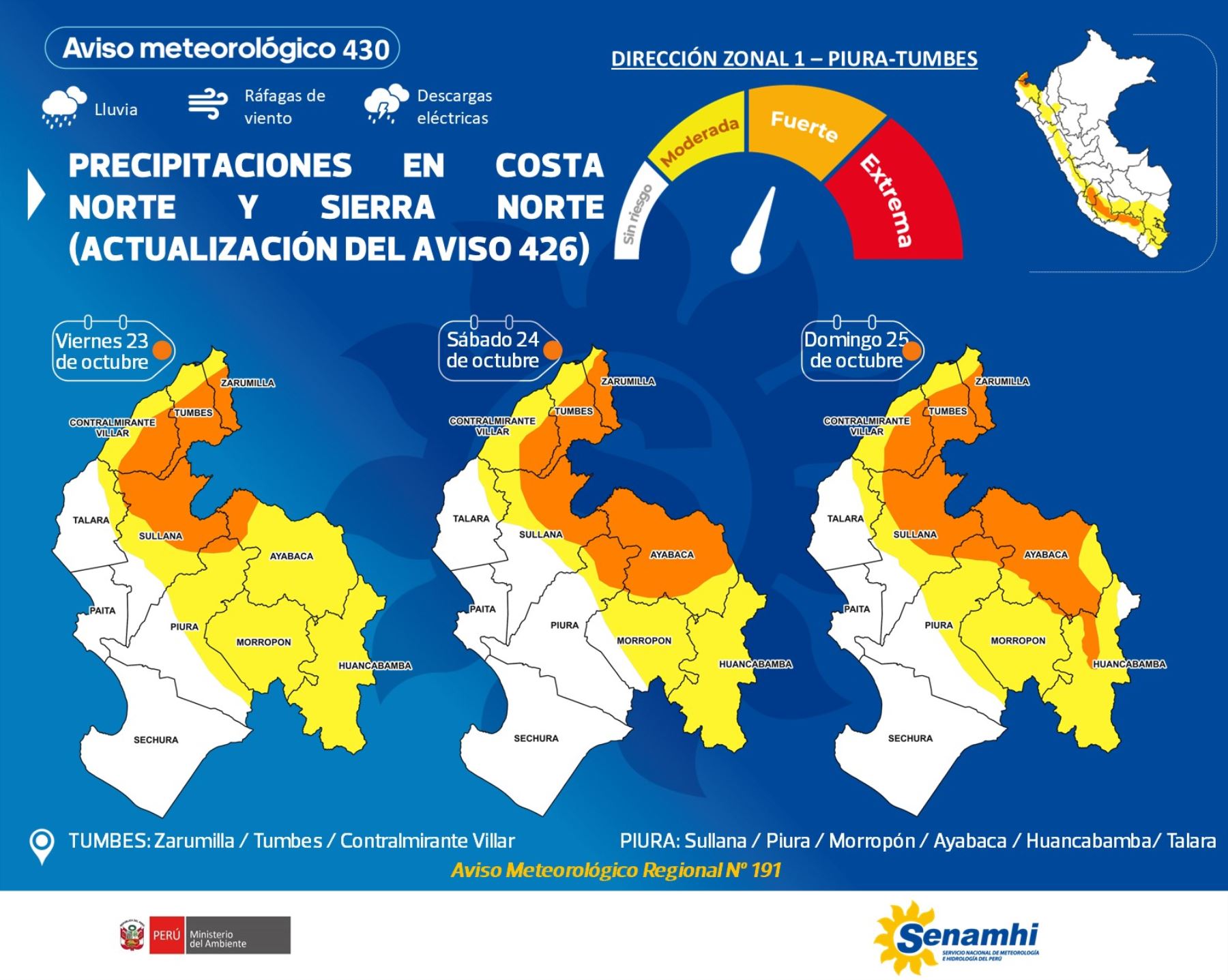 Piura: pronostican lluvias de moderada a fuerte intensidad del 23 al 25 de octubre